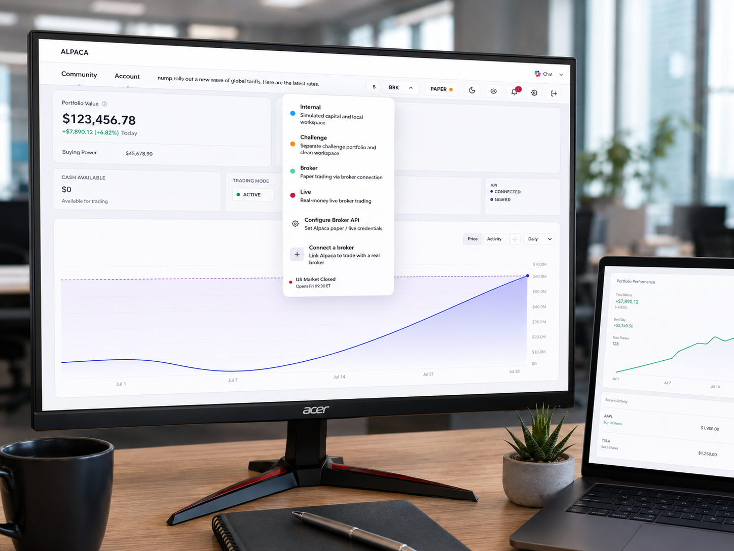 Pulsar running on a desktop monitor, showing portfolio value and an equity curve