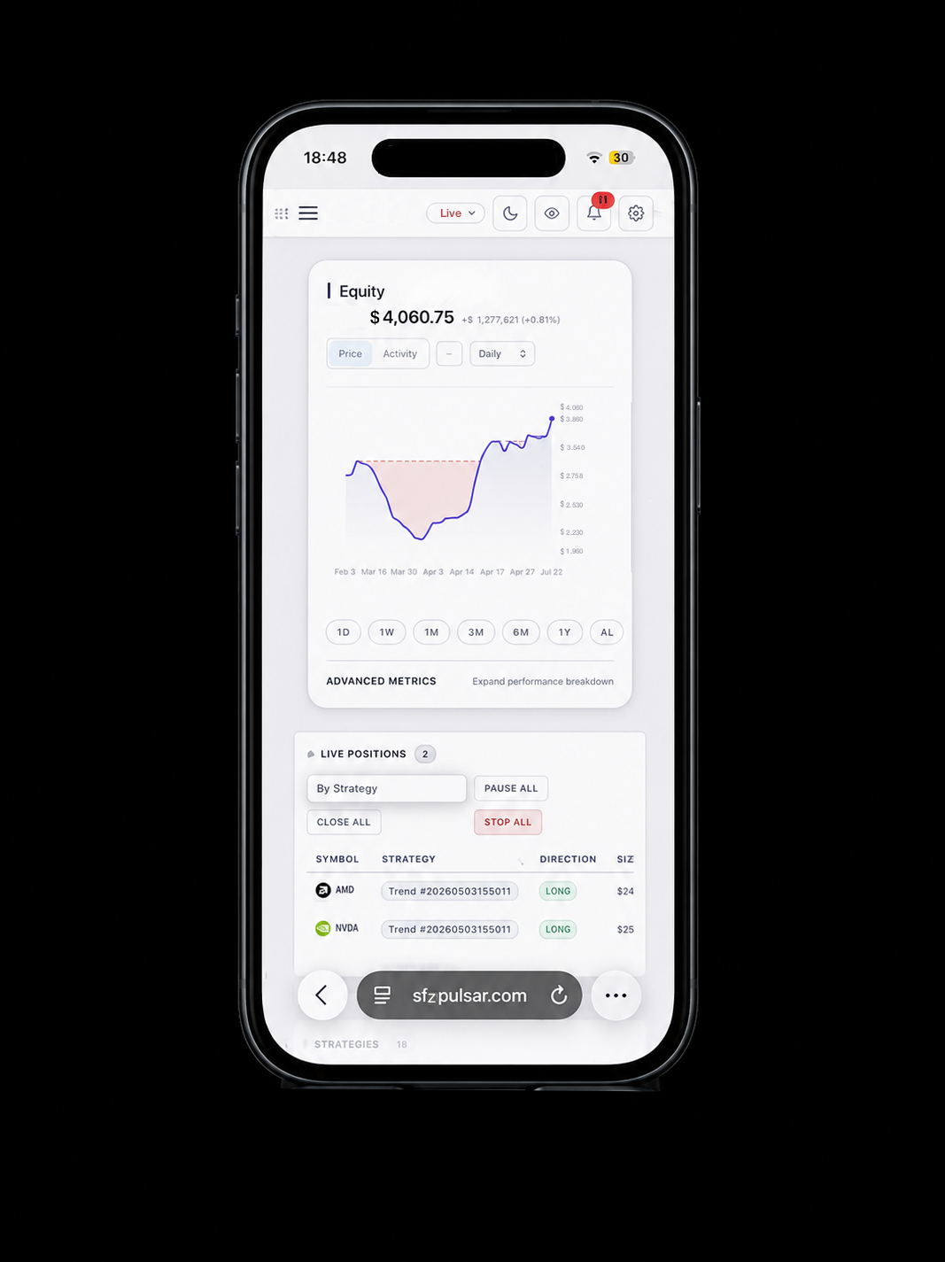 Pulsar portfolio on mobile showing equity, an advanced metrics panel and live positions